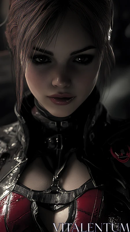 Rendered female character in armored suit under low-key light