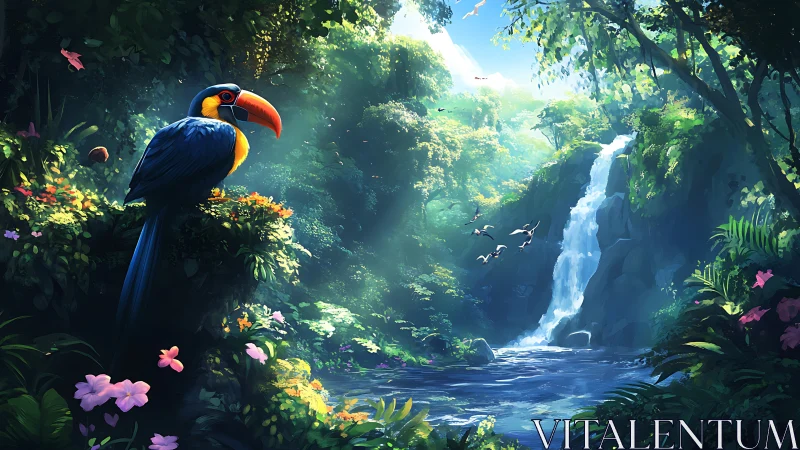 Toucan overlooks luminous jungle waterfall at dawn.
