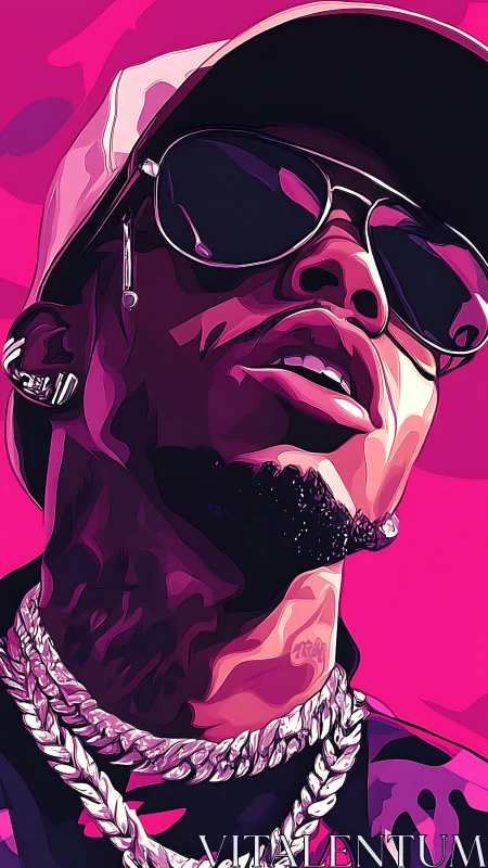 Stylized pink portrait depicts confident rapper in shades