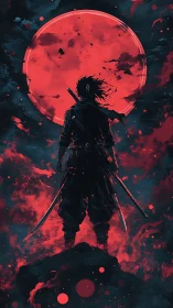 Lone ronin crowns a blood-red moon with shadowed steel.