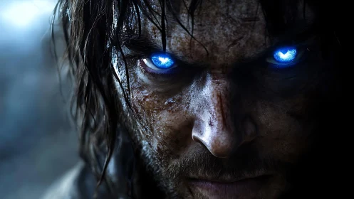 Storm-lit warrior&rsquo;s gaze brimming with fierce blue power.