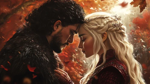 Intimate Medieval Embrace Against Apocalyptic Flames