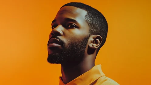 Side-lit gaze in sunburst orange portrait calm and bold.