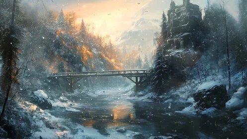 Snowy river bridge under warm sunrise near cliff castle.