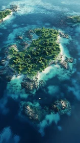 Verdant Island Cove. Crystalline Turquoise Waters Surround Forested Islet.