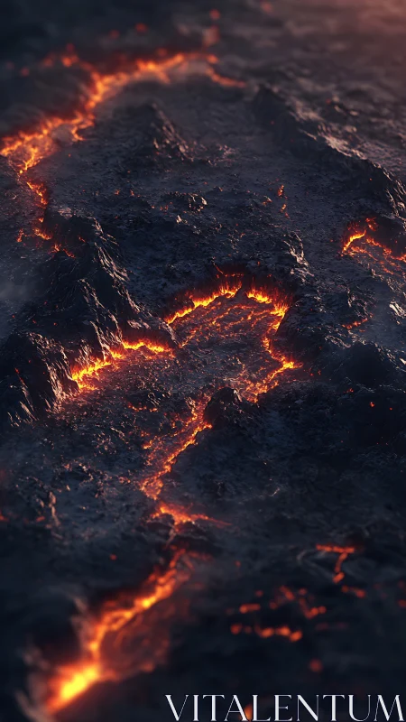 Lava Flow Patterns on Darkened Volcanic Surface.