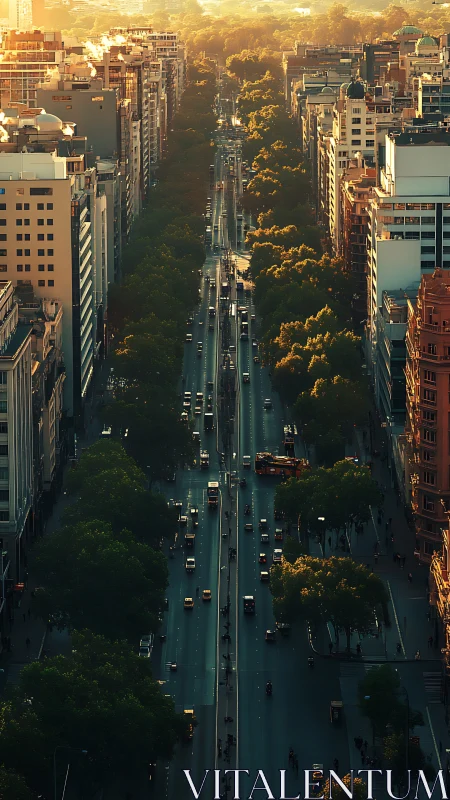 Golden light flows gently along a tree-lined city avenue