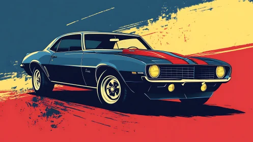 Retro muscle car cruising through bold graphic color fields.