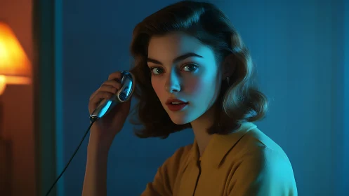 Retro-lit woman listens intently on sleek wired handset