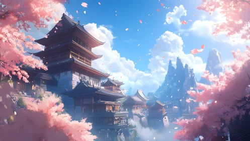 Tranquil mountain temple framed by soft pink blossoms.