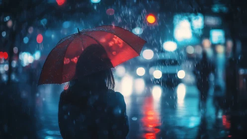 Silhouette holds red umbrella on wet city street at night