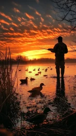 Golden marsh sunrise with solitary duck watcher at peace.