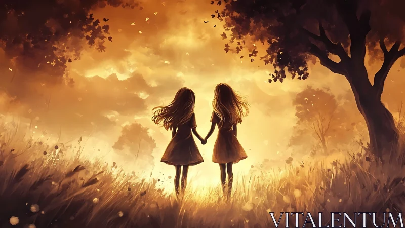 Sisters holding hands in a golden sunset dreamscape.