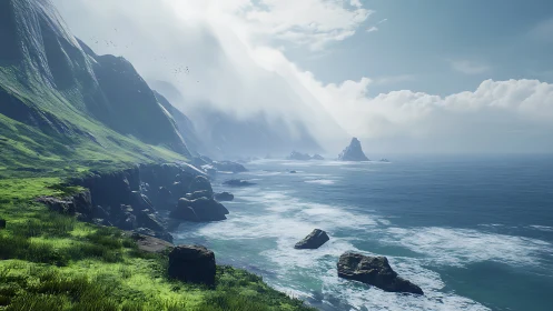 Dramatic Coastal Valley with Rocky Peaks and Ocean