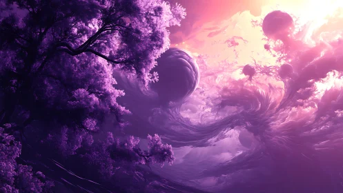 Purple dream forest drifting into a glowing cosmic sky.