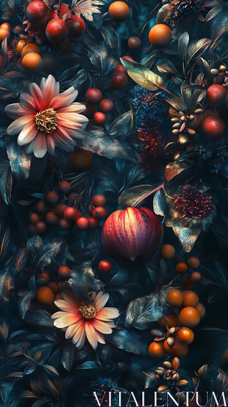 Luminous fruit and flowers glow against deep teal foliage.