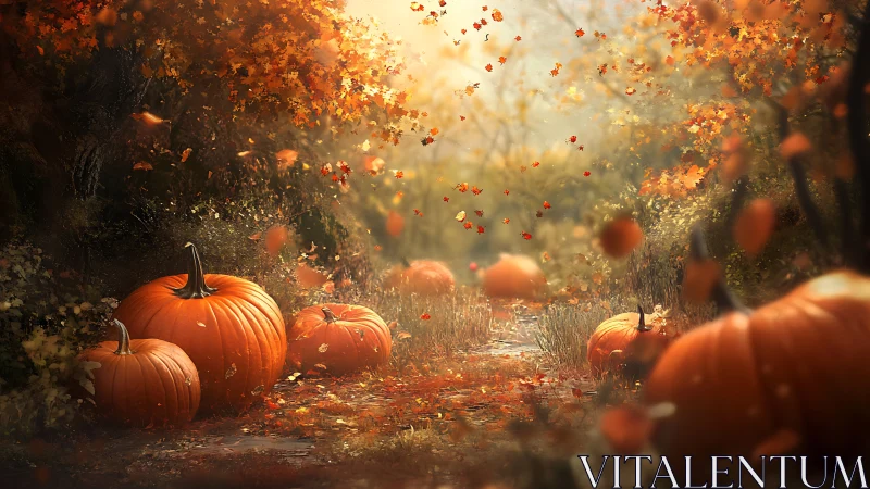 Autumn forest path lined with scattered pumpkins at dusk.