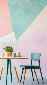 Pastel geometric dining nook with teal chair and table.