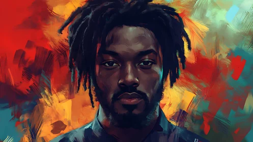 Portrait of man amid bold abstract strokes and rich color.