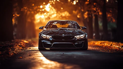 Sporty black car gliding through a golden autumn evening.
