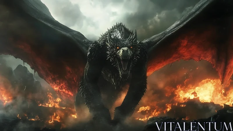 Armored black dragon over burning volcanic ruin scene.