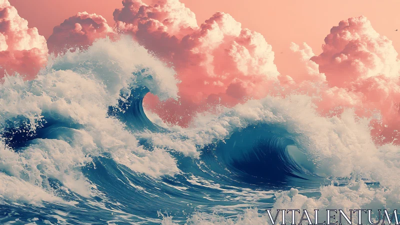 Cotton candy clouds roll above neon-blue dream waves.