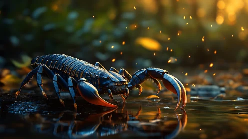 Midnight scorpion strides through emberlit forest shallows