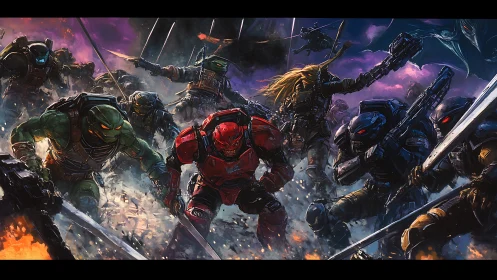 Armored mutant warriors charge forward in chaotic battle.