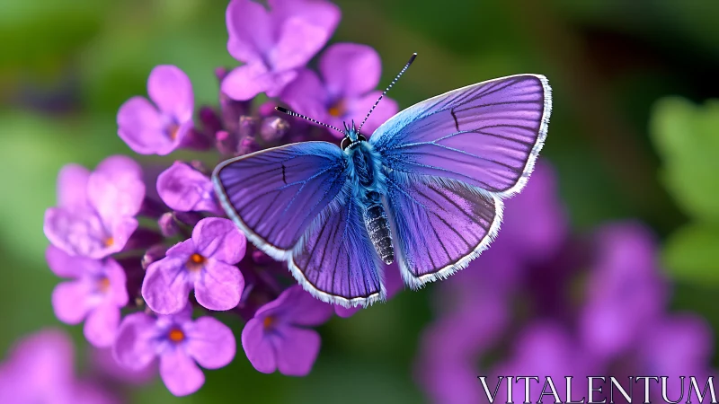 Iridescent blue butterfly resting on vivid violet blossoms.