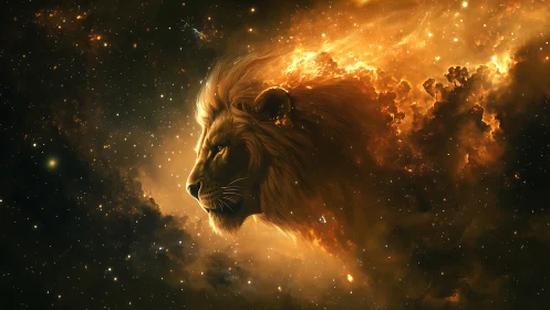 Cosmic lion profile emerging from glowing nebula field.