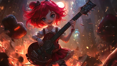 Anime rock heroine with electric guitar in fiery alleyway.