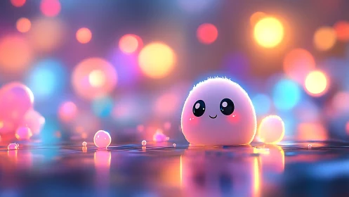 Cute fluffy blob character in colorful bokeh lights.