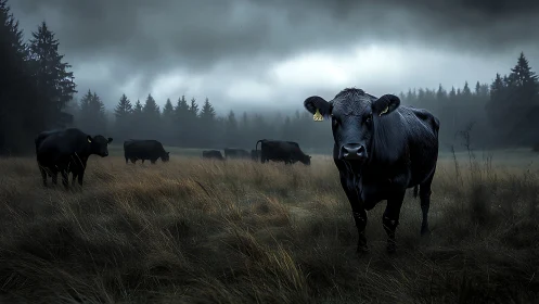 Black cattle in misty field under dark storm clouds.