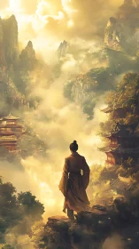 Robe clad figure overlooking misty mountain temples at dawn.