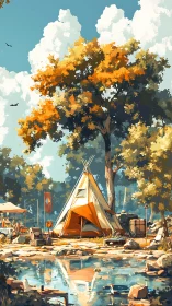 Sunny lakeside campsite welcomes a cozy fall retreat day