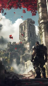 Armored figure surveys dense ruined citadel in canyon basin