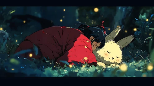 Child in scarlet kimono resting beside luminous forest creature.