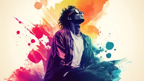 Stylized portrait of seated person with multicolor splashes.