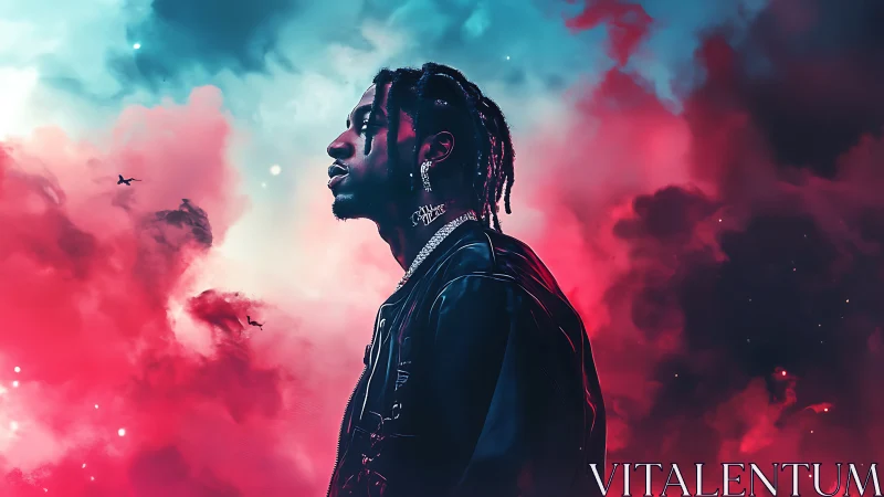 Neon-lit male profile framed by cinematic magenta cyan clouds