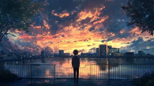 Solitary figure observes city skyline across reflective water