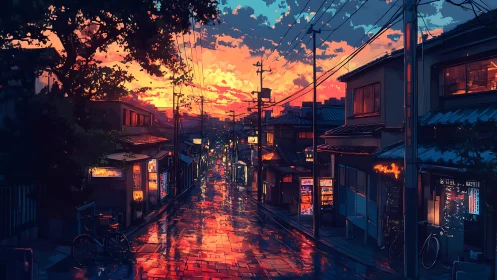 Rain soaked Japanese alley at dusk with neon reflections