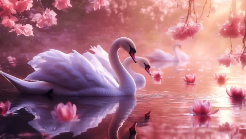 Graceful swans glide through a dreamy pink blossom lagoon