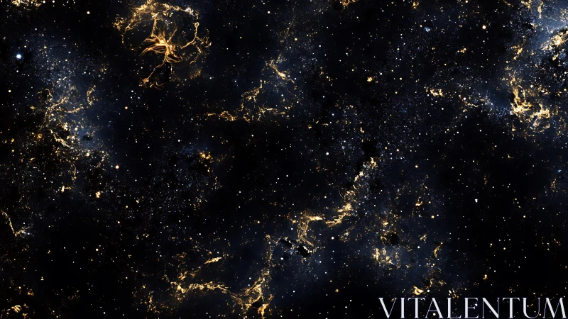 Dense starfield with golden nebulous filaments in space.