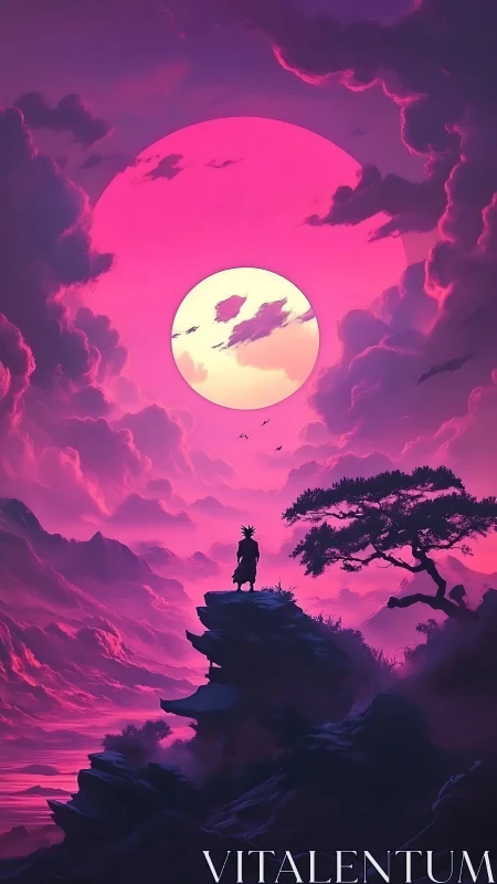 Samurai silhouette under neon magenta celestial moonscape.