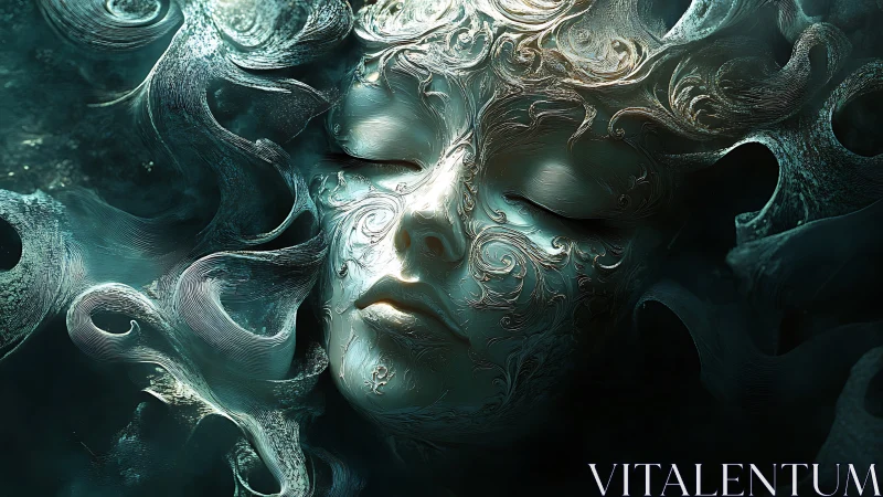 Surreal ornate face emerging from swirling teal mist.