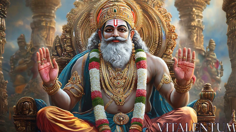 Regal sage of gold and garlands in celestial splendor.