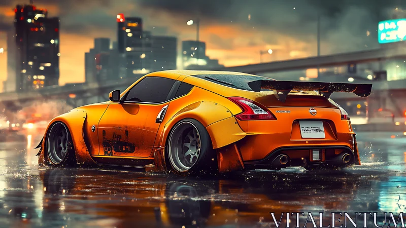 Golden sports car glows against a rainy neon city night