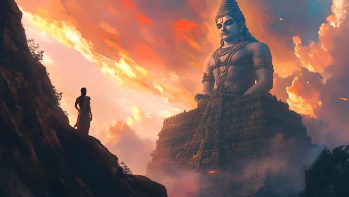 Colossal Shiva temple mountain under cinematic sunset sky