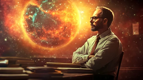 Digital painting of contemplative scholar before stellar vortex.