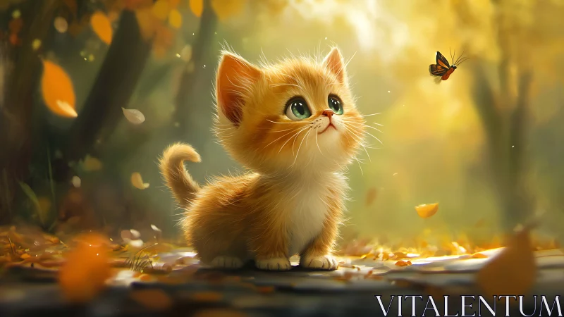 Orange kitten observing butterfly in autumn setting.